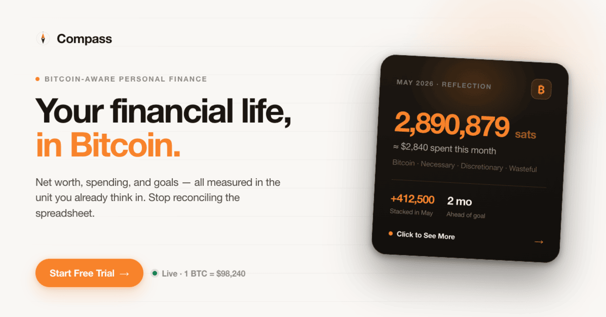 I built the best app for Bitcoiners to see their lives priced in sats. Meet Compass: Bitcoin Persona logo